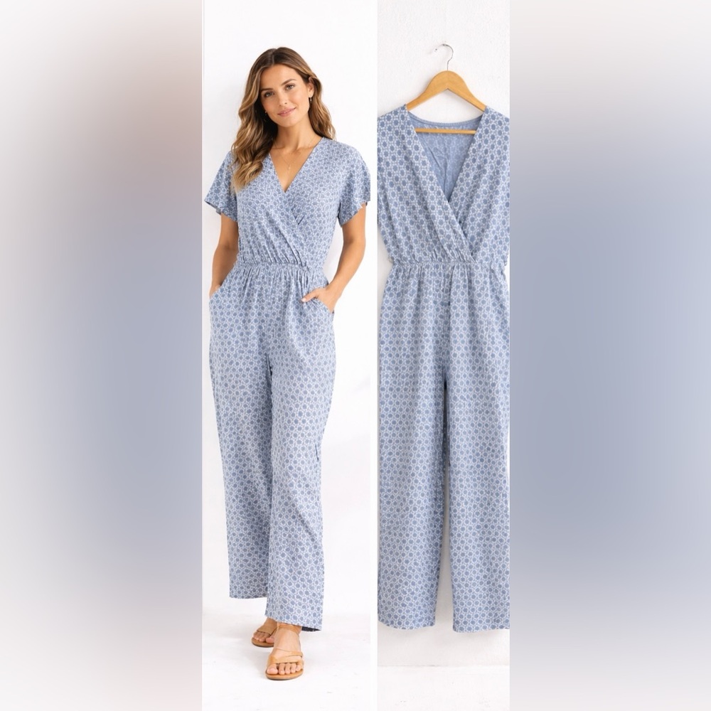 Made in Italy Blue Floral Jumpsuit Faux Wrap Elastic Waist Boho Coastal Wide Leg